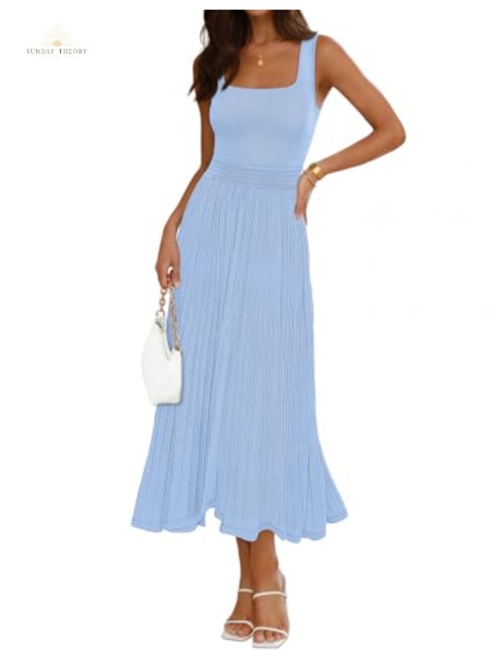 Sleeveless Square Neck Midi Dress - A-Line Ribbed Knit Cocktail Work Dress